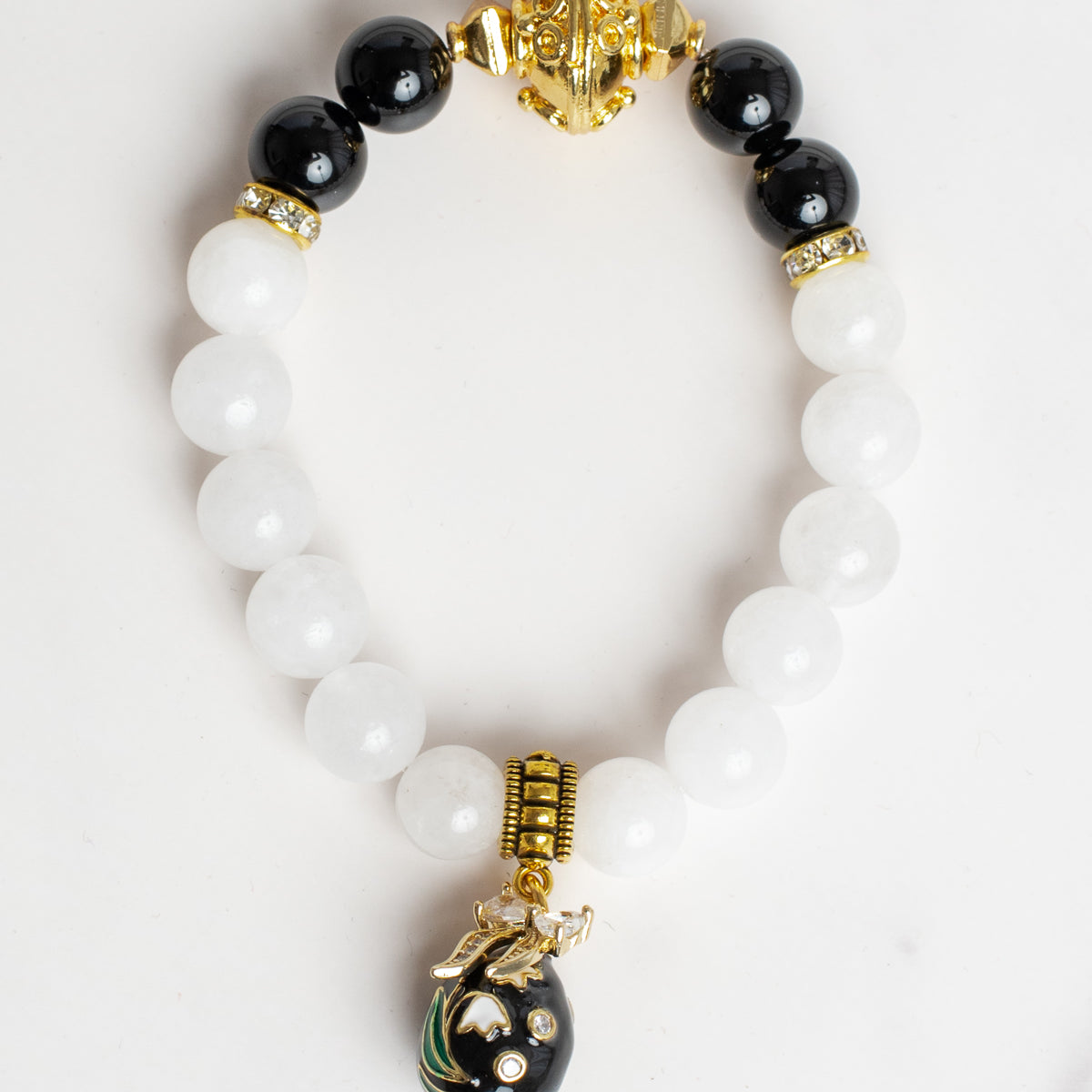 Black Onyx and White Quartz Stone and Gold Bead Stretch Bracelet with Cloisonne Charm and Crystal Bow