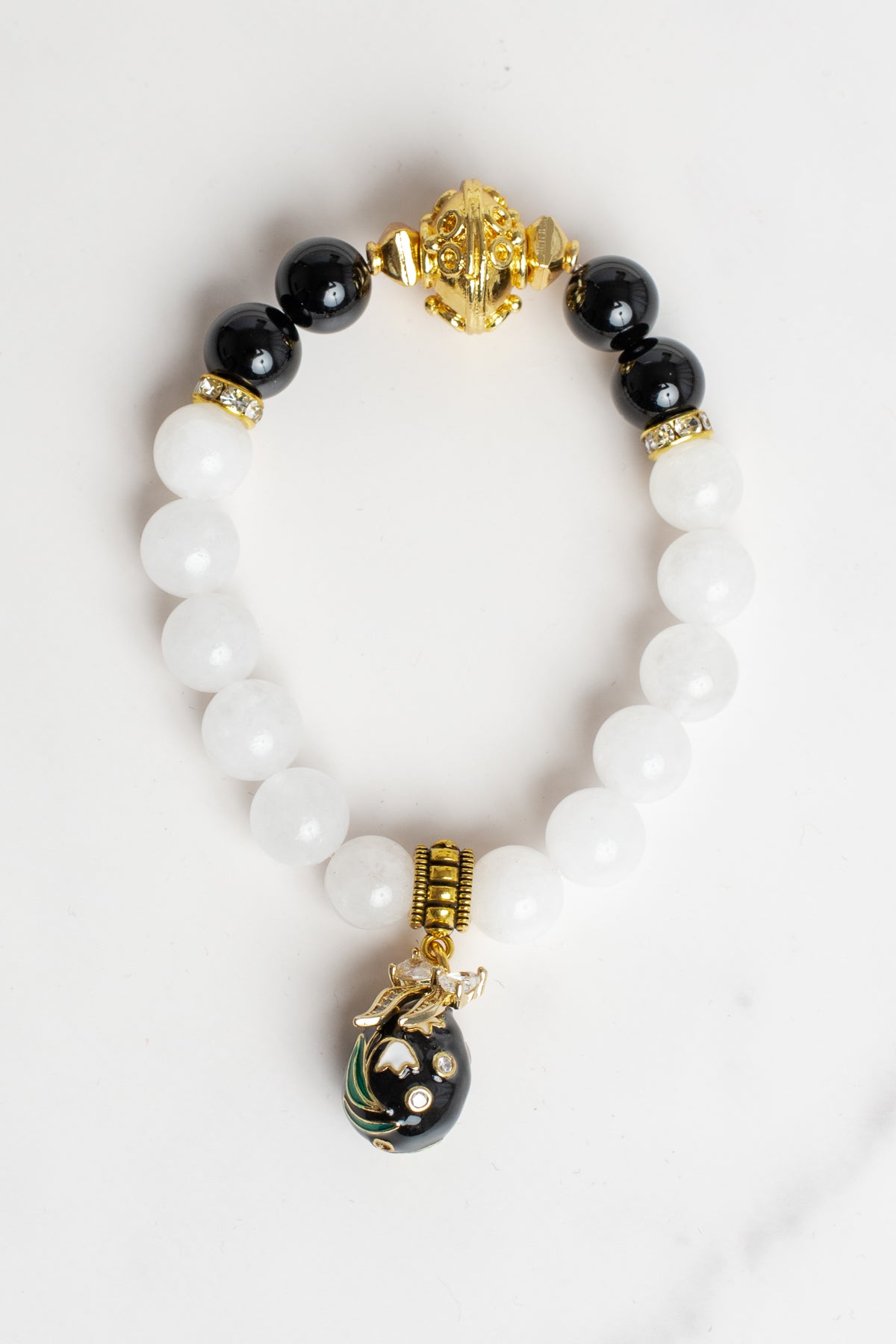 White Quartz & Black Onyx Cloisonné Egg Charm Stretch Bracelet