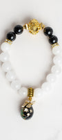 Black Onyx and White Quartz Stone and Gold Bead Stretch Bracelet with Cloisonne Charm and Crystal Bow