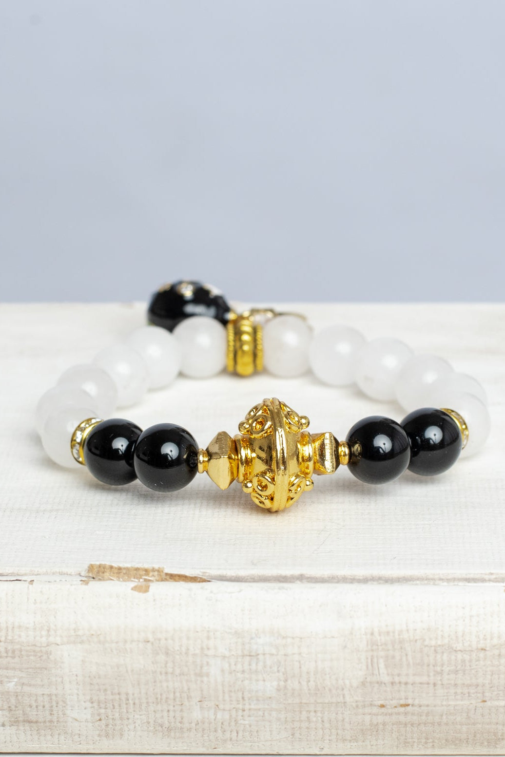 White Quartz & Black Onyx Cloisonné Egg Charm Stretch Bracelet