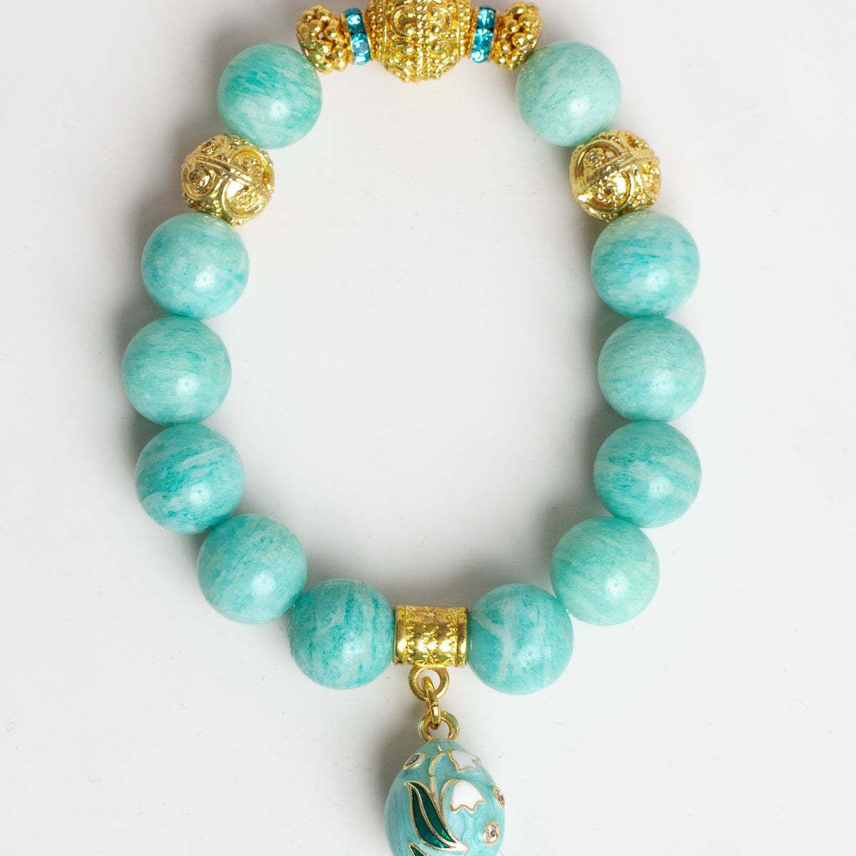 Amazonite Stone Stretch Bracelet with Gold Plated Beads and Cloisinette Floral Egg Charm