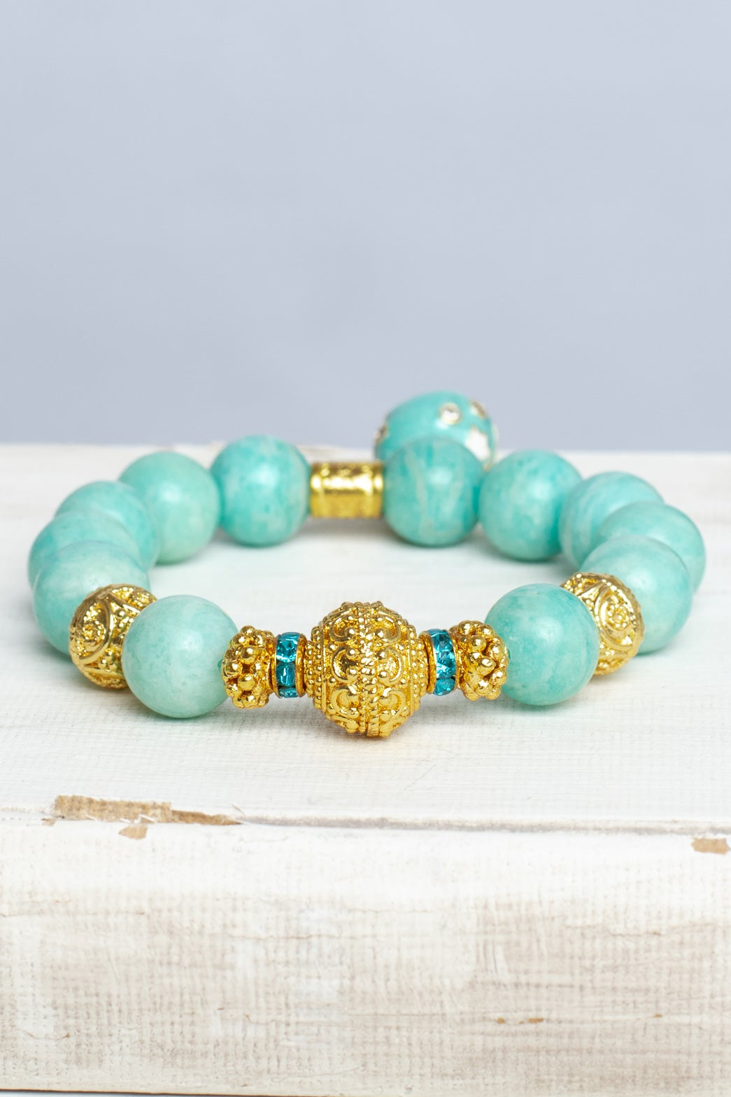 Amazonite Stone Stretch Bracelet with Gold Plated Beads and Cloisinette Floral Egg Charm