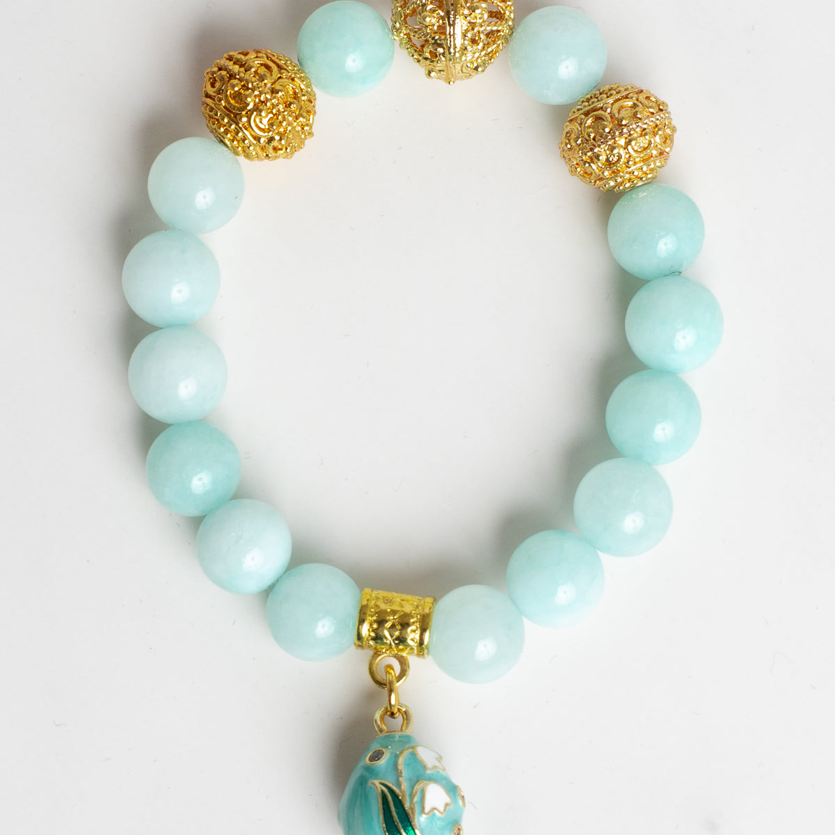 Soft Green Amazonite Stone Stretch Bracelet with Gold Plated Beads and Cloisinette Floral Egg Charm