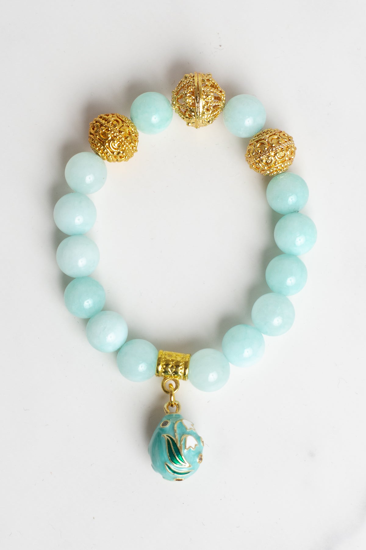Amazonite Stretch Bracelet with Cloisonné Floral Egg Charm