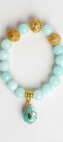 Soft Green Amazonite Stone Stretch Bracelet with Gold Plated Beads and Cloisinette Floral Egg Charm