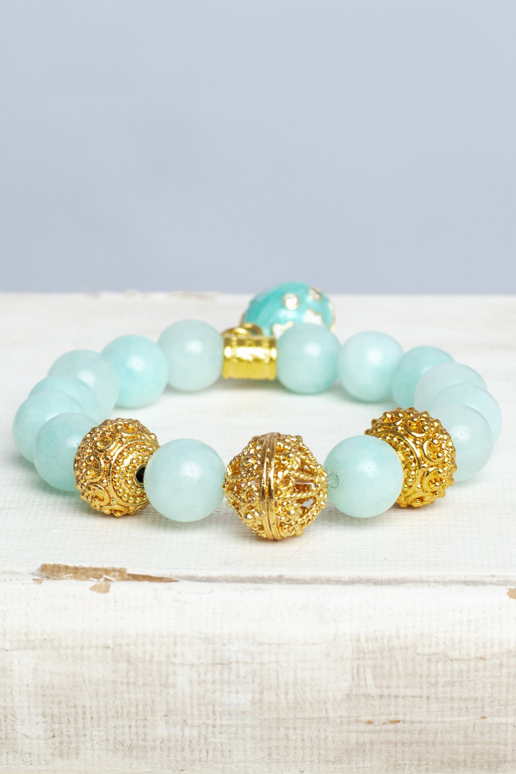 Soft Green Amazonite Stone Stretch Bracelet with Gold Plated Beads and Cloisinette Floral Egg Charm