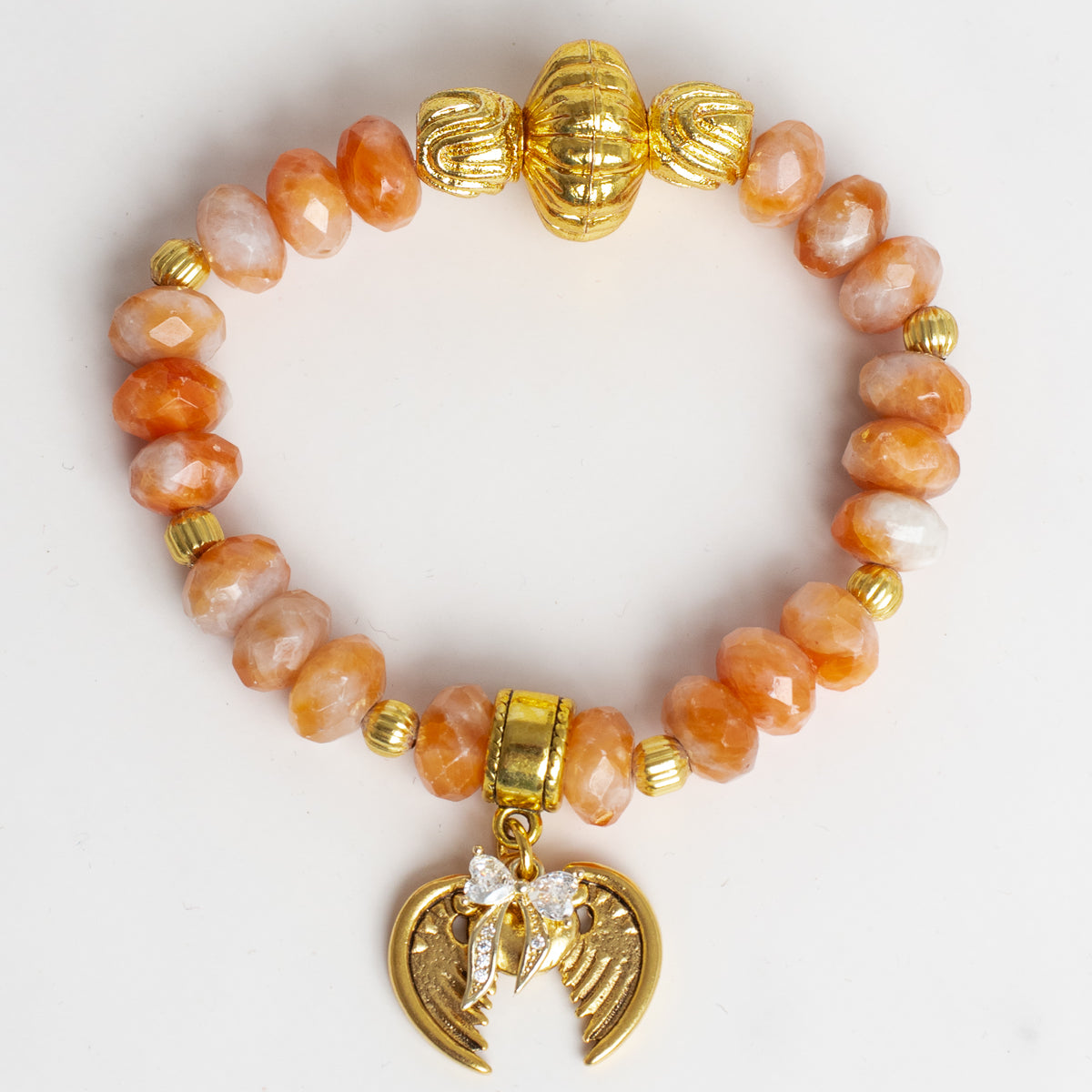 Gold Italian Style Focal Beads on a Stretch Bracelet of Orange White Agate with Wings and Heart Charm