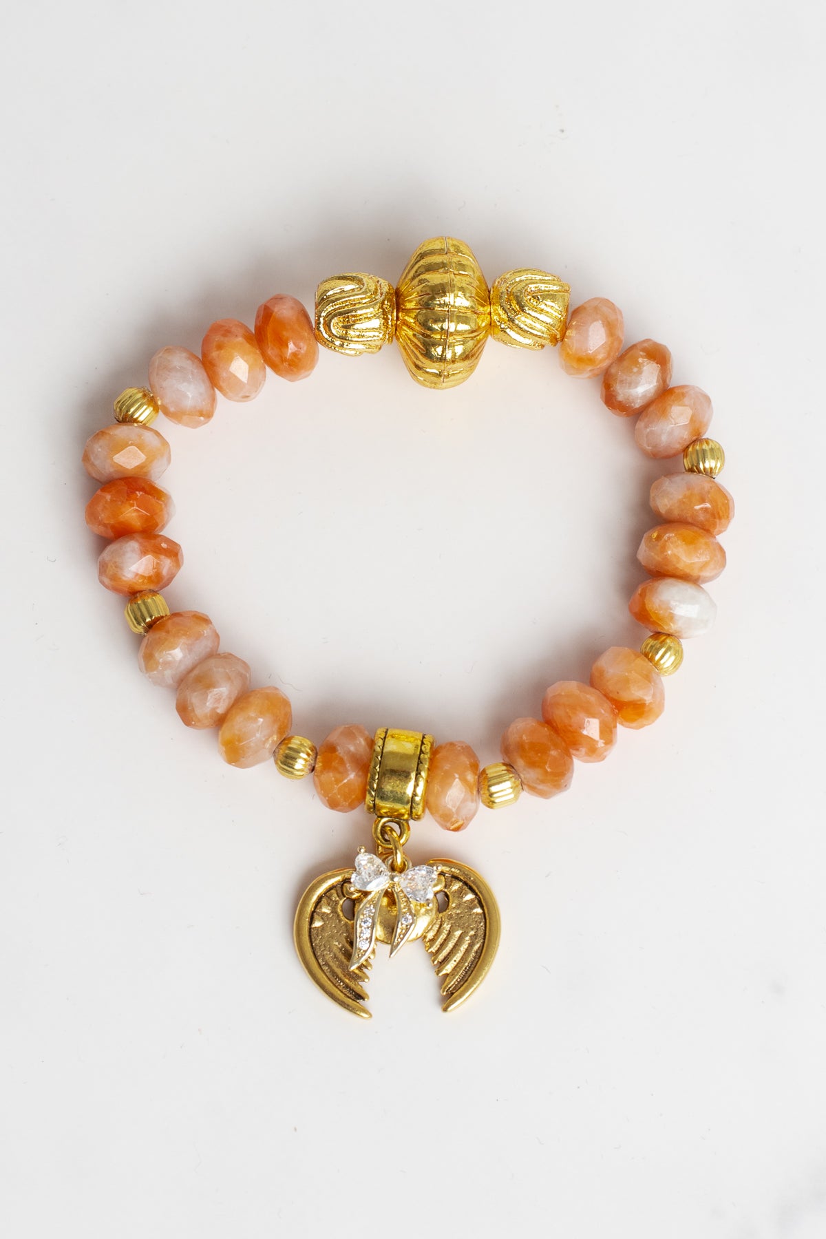 Gold Italian Style Focal Beads on a Stretch Bracelet of Orange White Agate with Wings and Heart Charm
