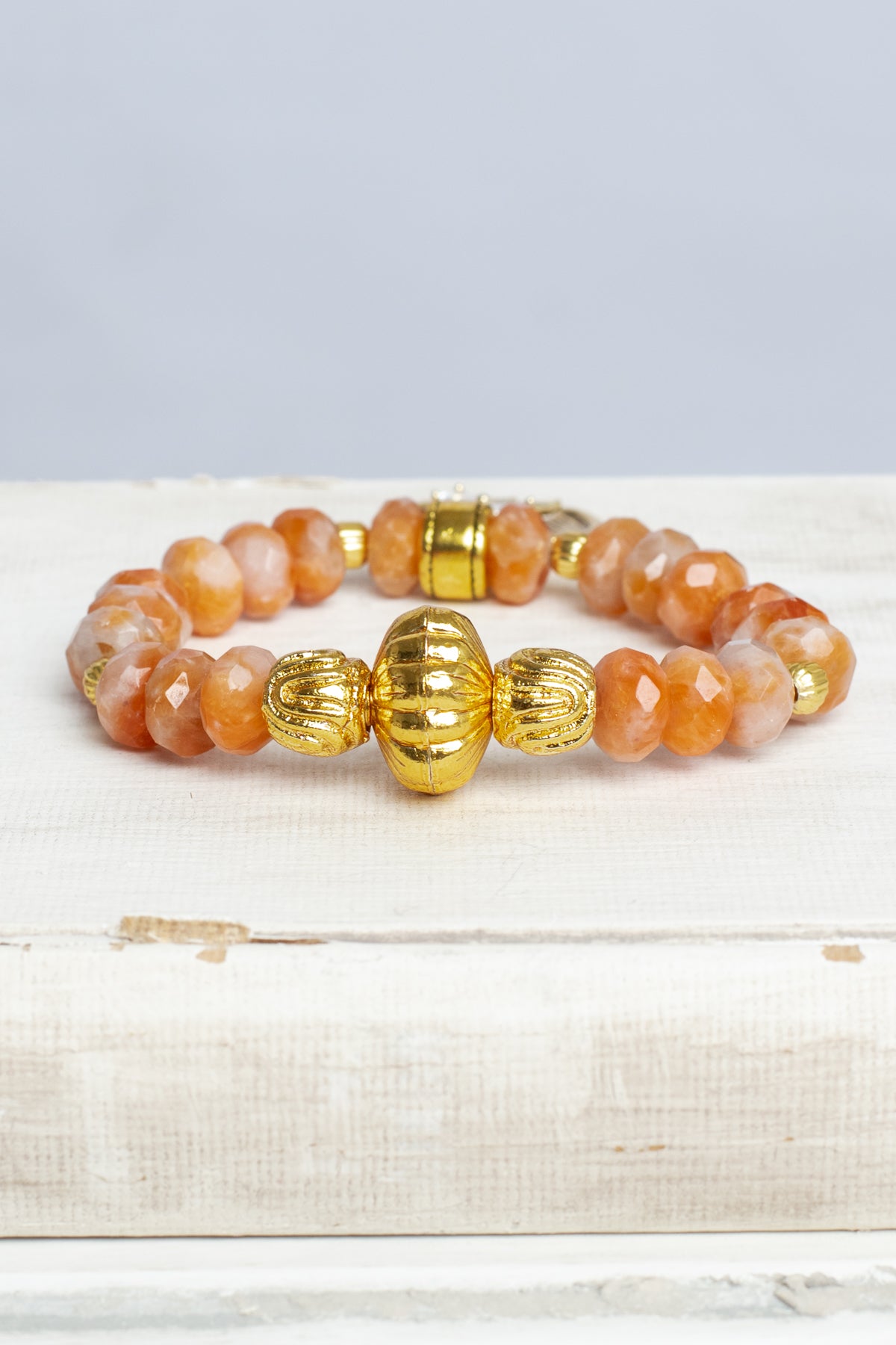 Gold Italian Style Focal Beads on a Stretch Bracelet of Orange White Agate with Wings and Heart Charm