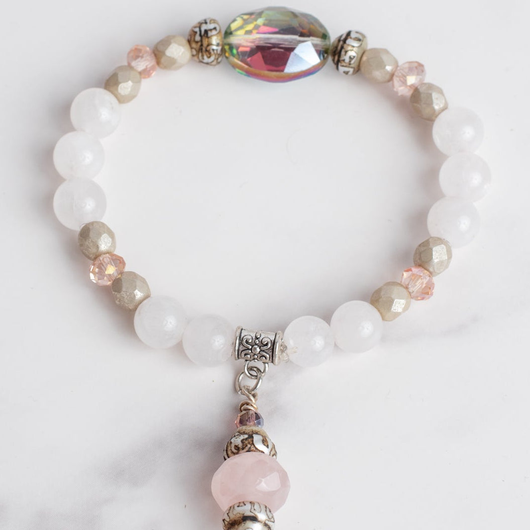 Rose and White Quartz Stretch Bracelet with Crystal Focal Bead and Rose Quartz Drop and Silver Tone Accents