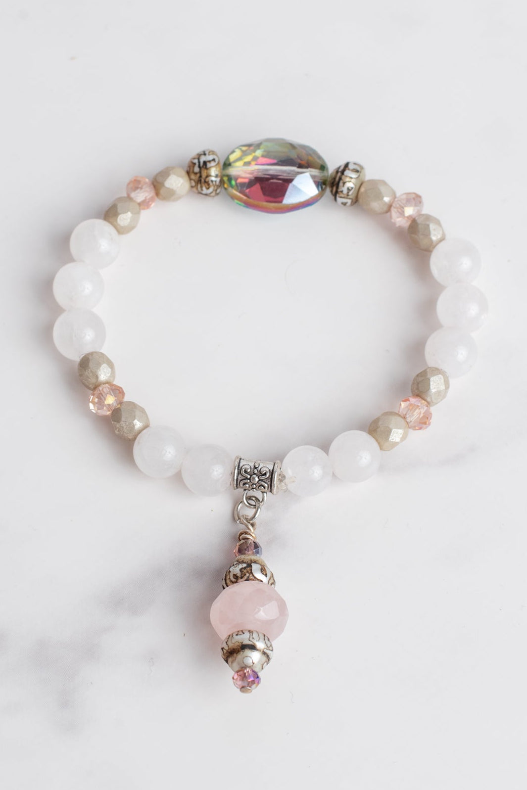Rose and White Quartz Stretch Bracelet with Crystal Focal Bead and Rose Quartz Drop and Silver Tone Accents
