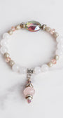 Rose and White Quartz Stretch Bracelet with Crystal Focal Bead and Rose Quartz Drop and Silver Tone Accents