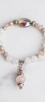 Rose and White Quartz Stretch Bracelet with Crystal Focal Bead and Rose Quartz Drop and Silver Tone Accents