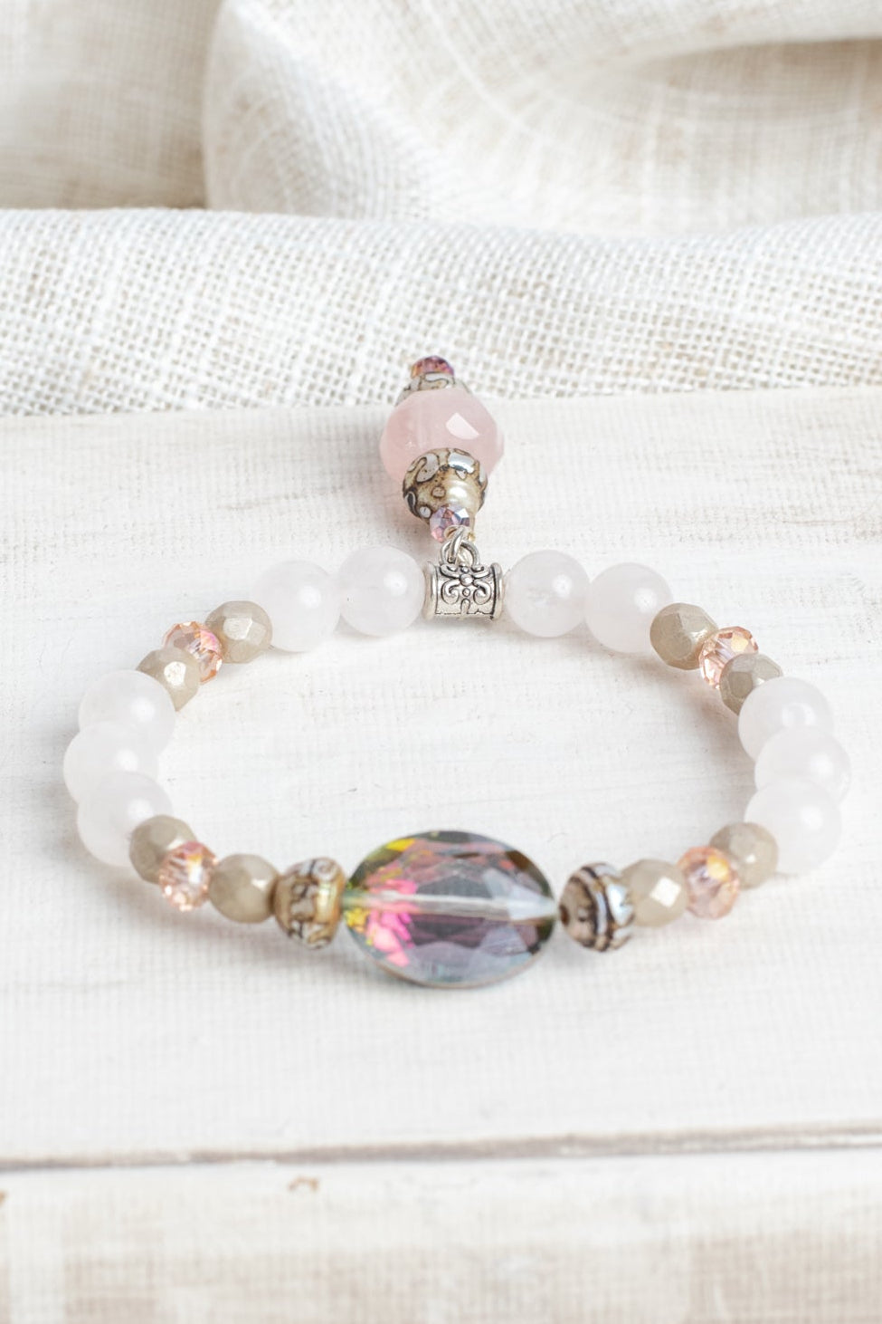 Rose and White Quartz Stretch Bracelet with Crystal Focal Bead and Rose Quartz Drop and Silver Tone Accents