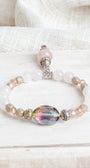Rose and White Quartz Stretch Bracelet with Crystal Focal Bead and Rose Quartz Drop and Silver Tone Accents