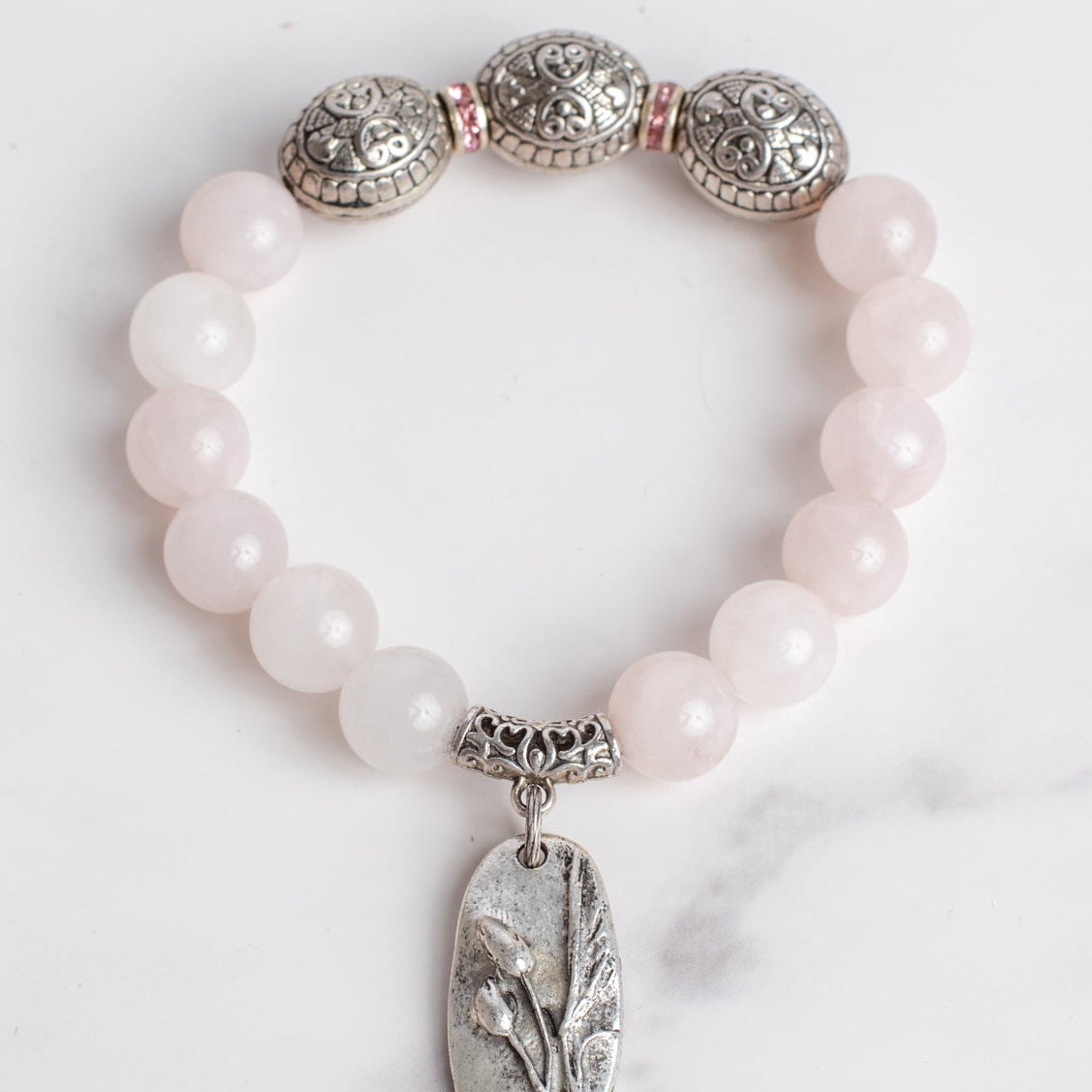 Rose Quartz Stretch Bracelet with Italian Style Silver Beads and a Tulip Charm