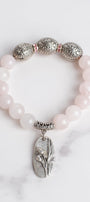 Rose Quartz Stretch Bracelet with Italian Style Silver Beads and a Tulip Charm