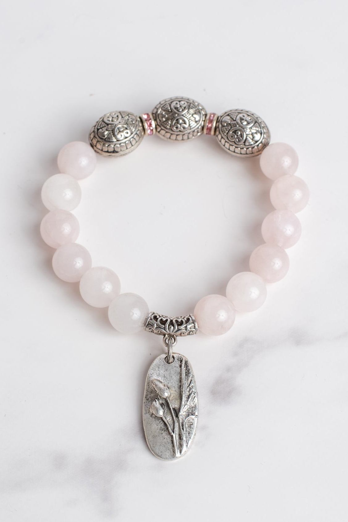 Rose Quartz Stretch Bracelet with Italian Style Silver Beads and a Tulip Charm