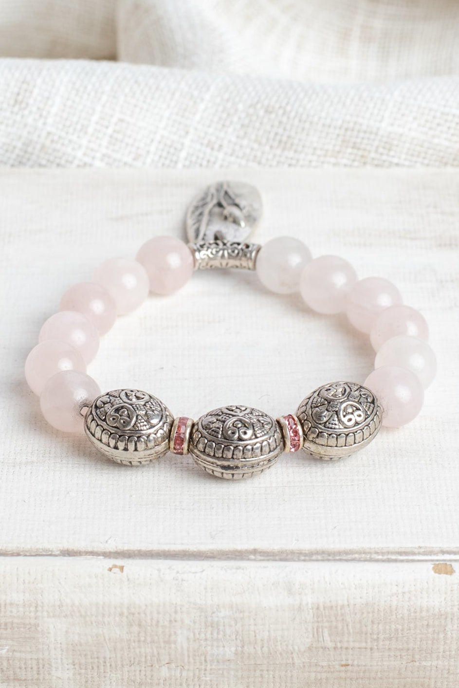 Rose Quartz Stretch Bracelet with Italian Style Silver Beads and a Tulip Charm