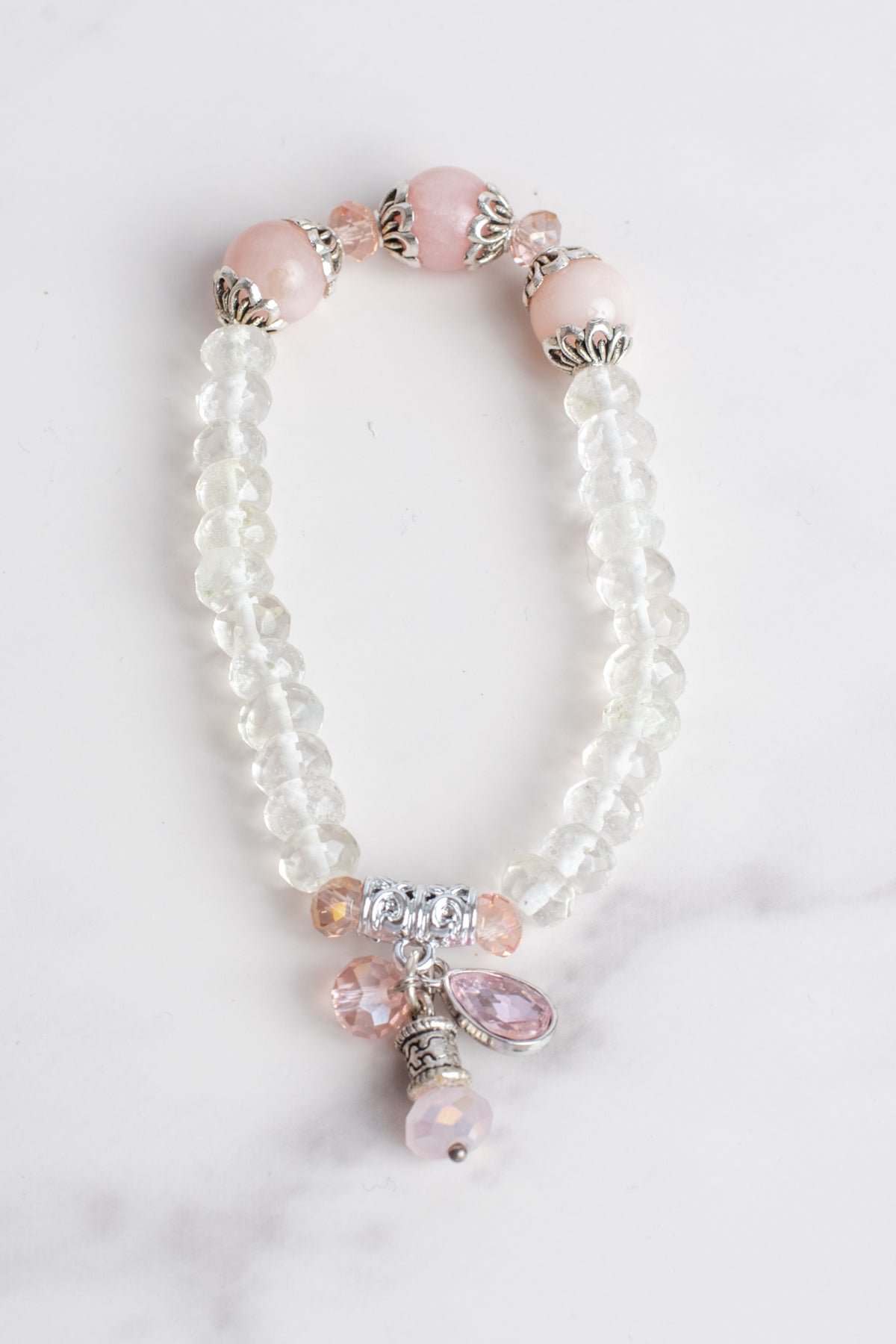 Crystal Quartz and Pink Opal Stretch Bracelet with Crystal Pink Drops and Silver Tone Accents