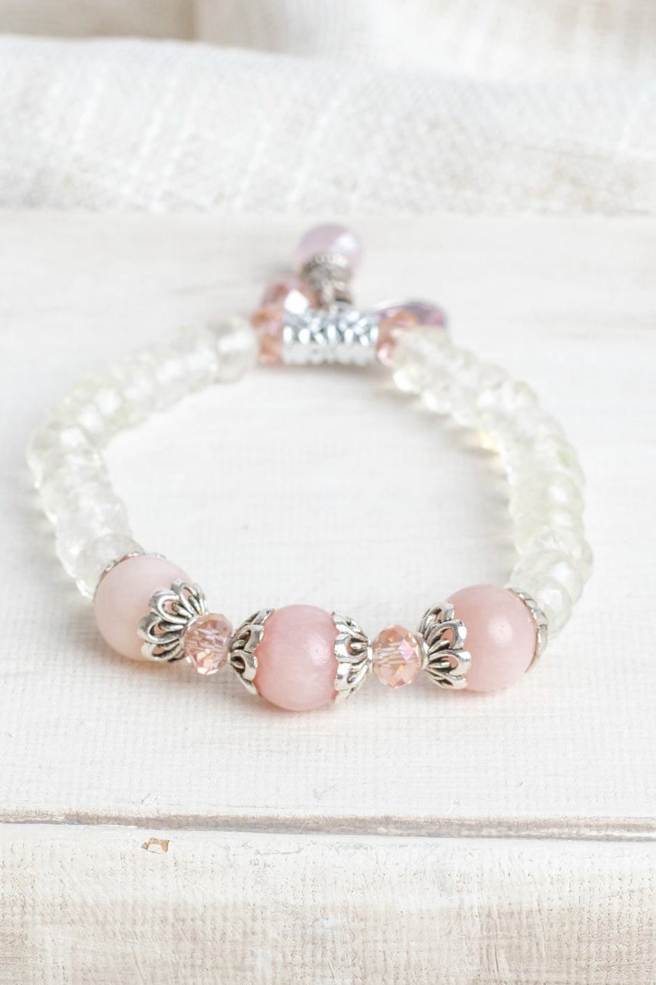 Crystal Quartz and Pink Opal Stretch Bracelet with Crystal Pink Drops and Silver Tone Accents