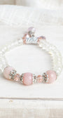 Crystal Quartz and Pink Opal Stretch Bracelet with Crystal Pink Drops and Silver Tone Accents