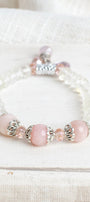 Crystal Quartz and Pink Opal Stretch Bracelet with Crystal Pink Drops and Silver Tone Accents