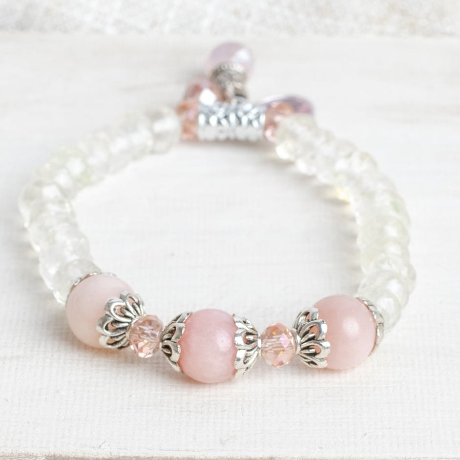 Crystal Quartz and Pink Opal Stretch Bracelet with Crystal Pink Drops and Silver Tone Accents