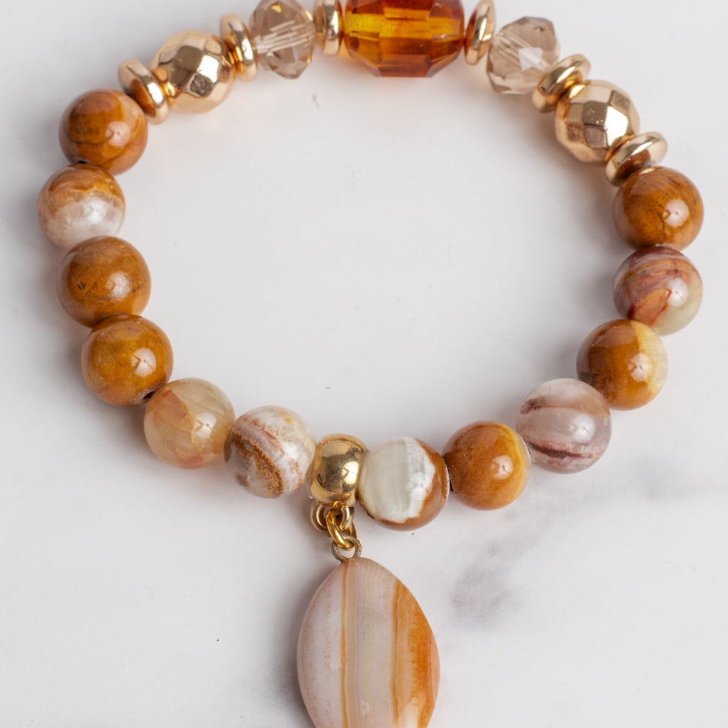 Swirled Gold and Brown Agate plus Czech Crytal and Hemitite Beads with an Agate Charm Stretch Bracelet