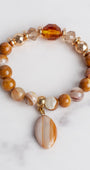 Swirled Gold and Brown Agate plus Czech Crytal and Hemitite Beads with an Agate Charm Stretch Bracelet