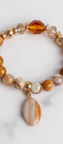 Swirled Gold and Brown Agate plus Czech Crytal and Hemitite Beads with an Agate Charm Stretch Bracelet