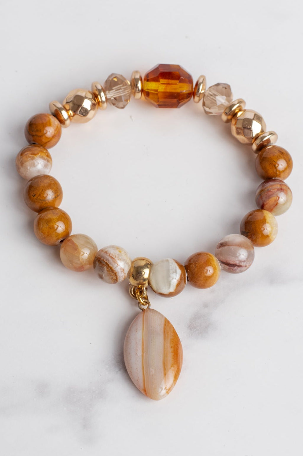 Swirled Gold and Brown Agate plus Czech Crytal and Hemitite Beads with an Agate Charm Stretch Bracelet