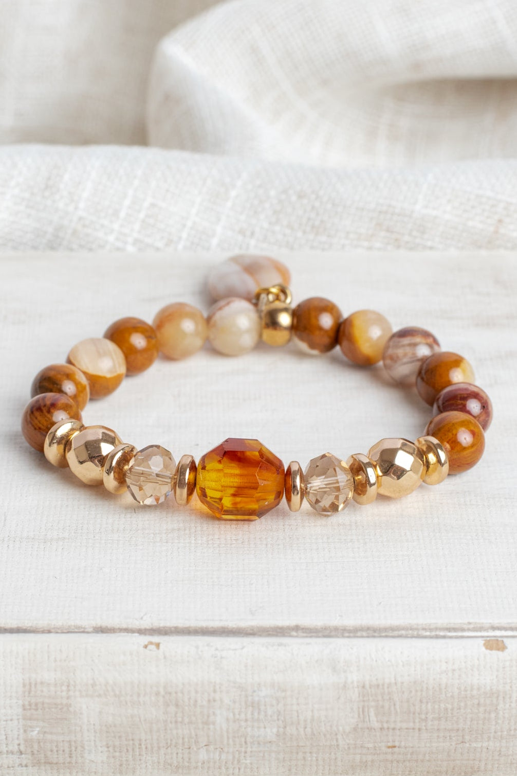 Swirled Gold and Brown Agate plus Czech Crytal and Hemitite Beads with an Agate Charm Stretch Bracelet
