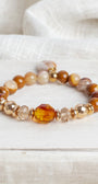 Swirled Gold and Brown Agate plus Czech Crytal and Hemitite Beads with an Agate Charm Stretch Bracelet