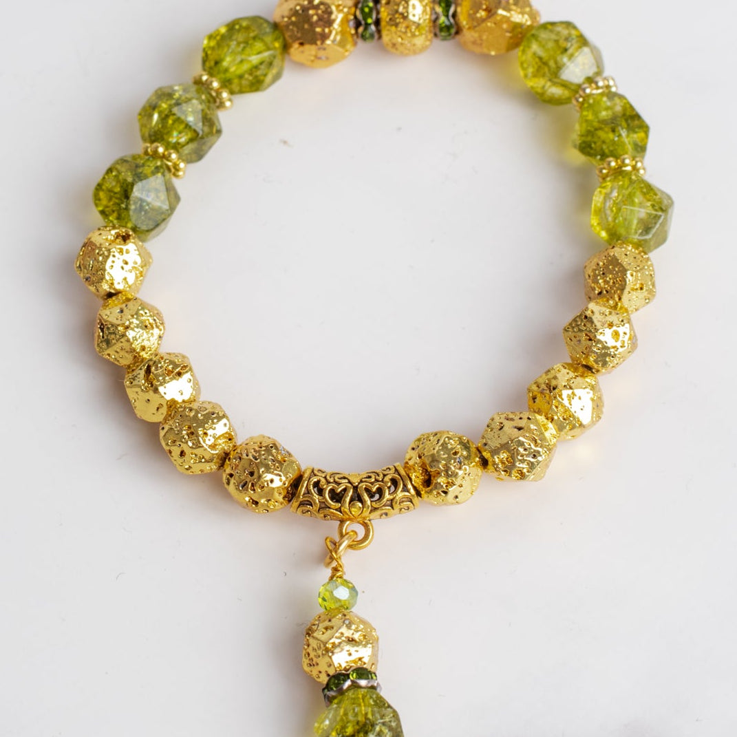 Peridot Green Crystal Stone Stretch Bracelet with Gold Plated Beads and Drop Charm
