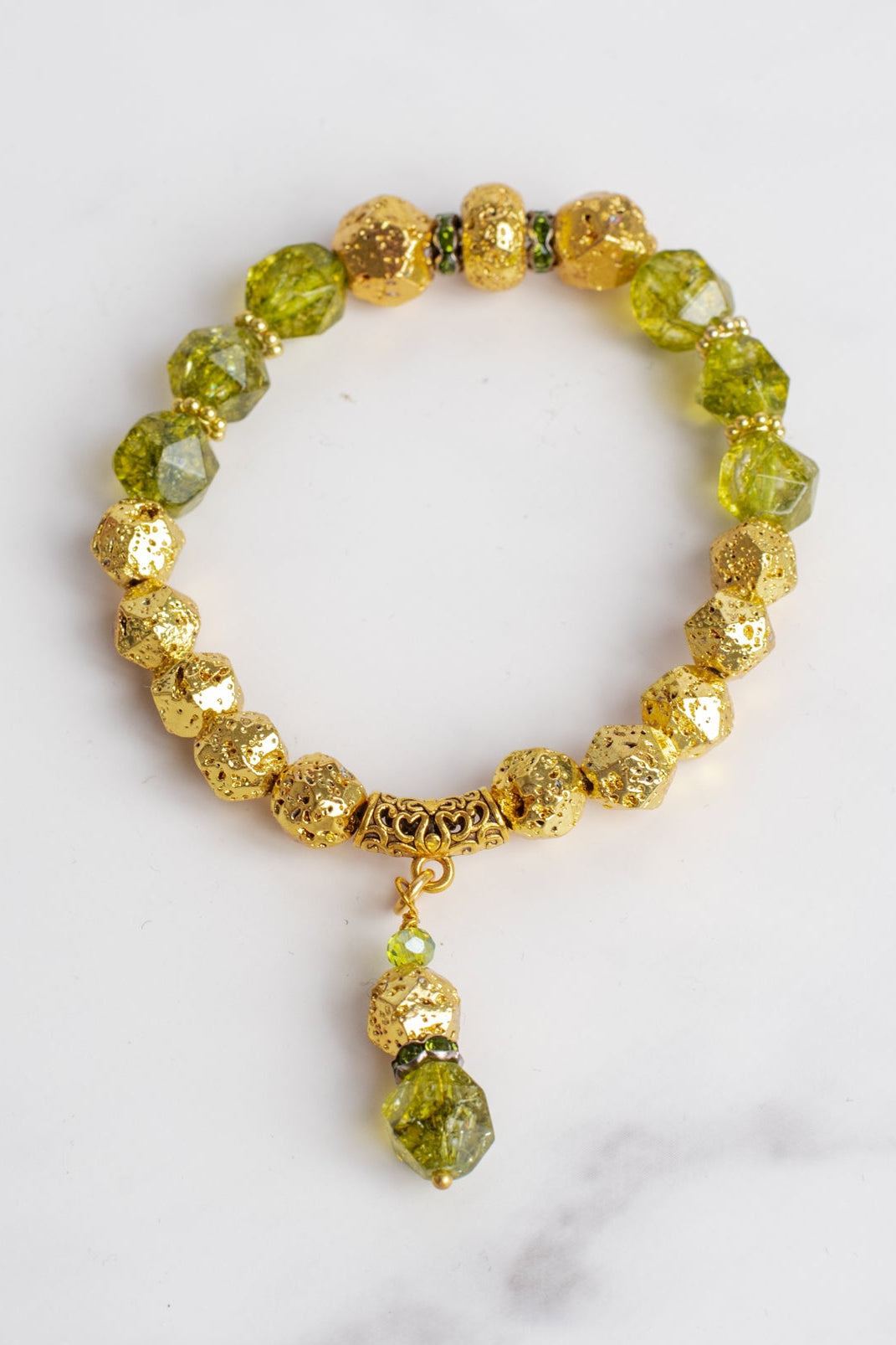 Peridot Green Crystal Stone Stretch Bracelet with Gold Plated Beads and Drop Charm