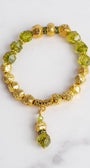 Peridot Green Crystal Stone Stretch Bracelet with Gold Plated Beads and Drop Charm