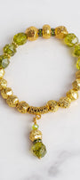 Peridot Green Crystal Stone Stretch Bracelet with Gold Plated Beads and Drop Charm