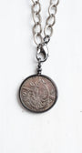 Antique Silver French Coin Replica Pendant on a Chunky Silver Over Bronze Chain Necklace