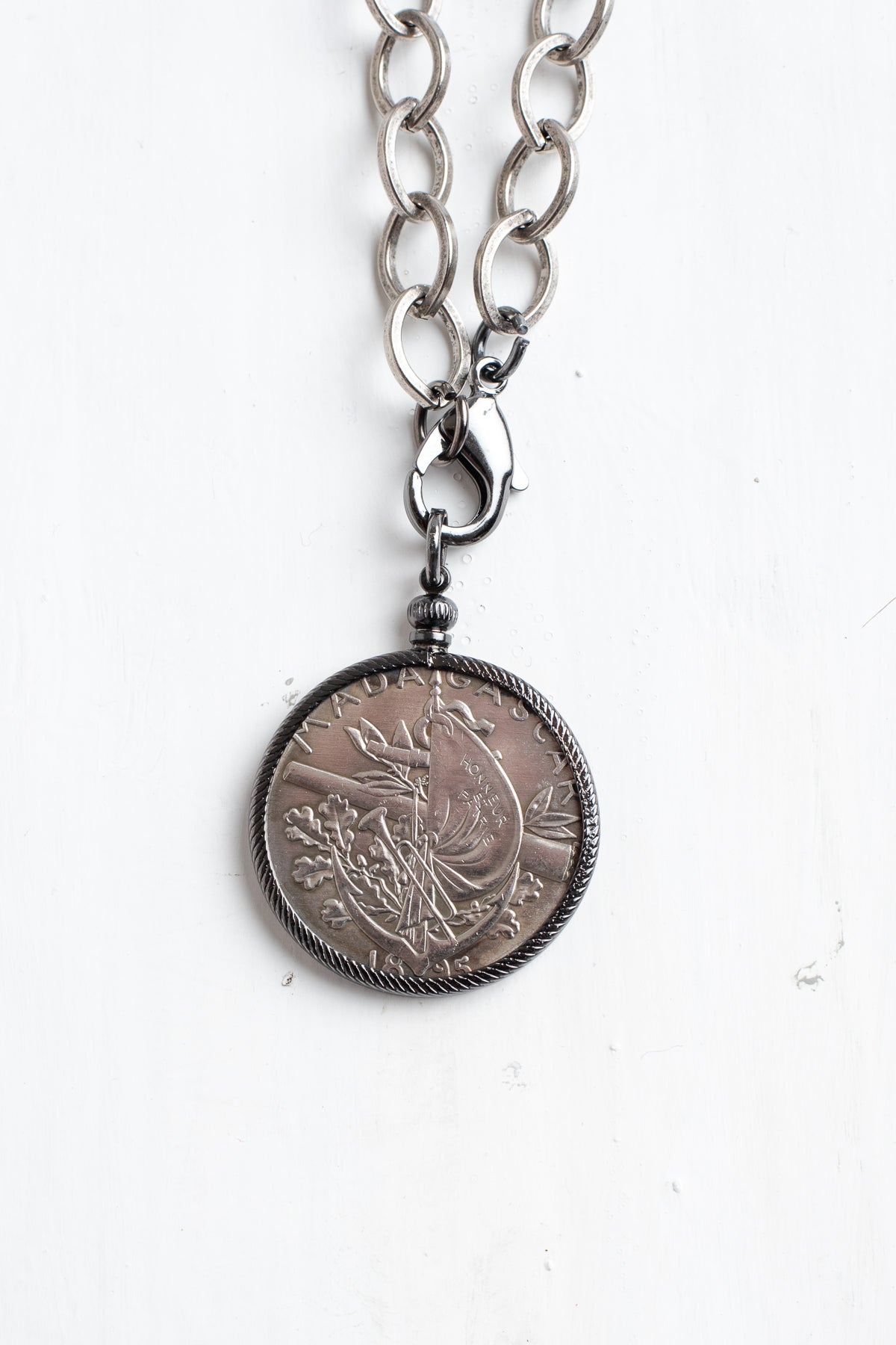 Antique Silver French Coin Replica Pendant on a Chunky Silver Over Bronze Chain Necklace