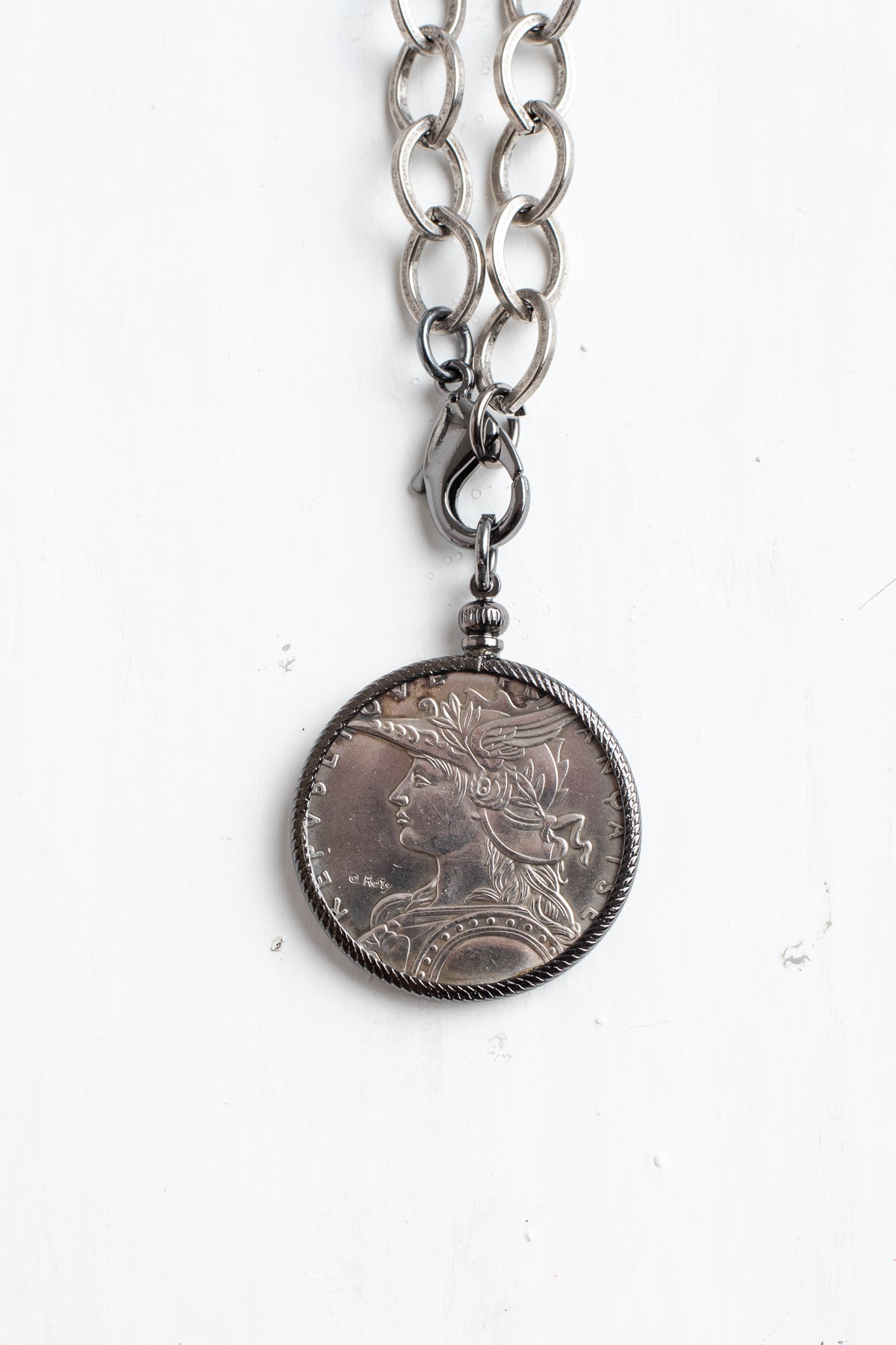 Antique Silver French Coin Replica Pendant on a Chunky Silver Over Bronze Chain Necklace