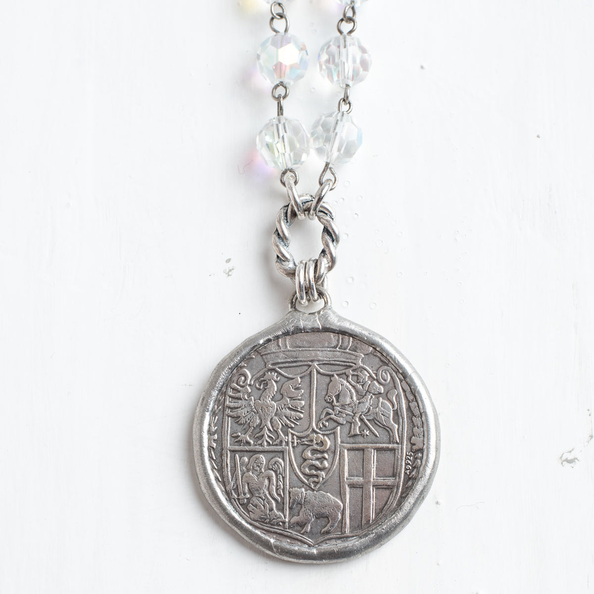 Hand Soldered Antique Silver Ancient Coin Pendant on Faceted Iridescent Crystal Rosary Bead Necklace
