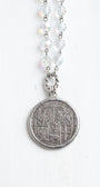 Hand Soldered Antique Silver Ancient Coin Pendant on Faceted Iridescent Crystal Rosary Bead Necklace