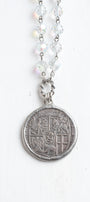 Hand Soldered Antique Silver Ancient Coin Pendant on Faceted Iridescent Crystal Rosary Bead Necklace