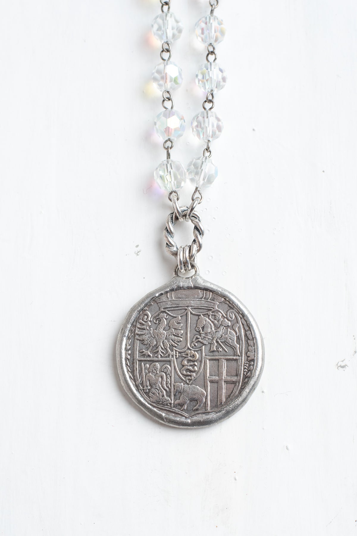 Hand Soldered Antique Silver Ancient Coin Pendant on Faceted Iridescent Crystal Rosary Bead Necklace