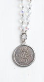 Hand Soldered Antique Silver Ancient Coin Pendant on Faceted Iridescent Crystal Rosary Bead Necklace