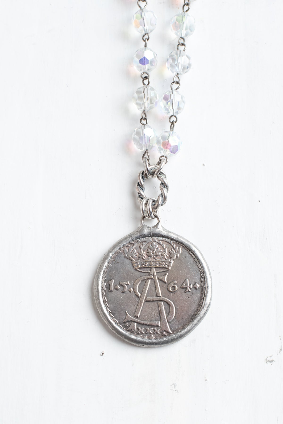 Hand Soldered Antique Silver Ancient Coin Pendant on Faceted Iridescent Crystal Rosary Bead Necklace