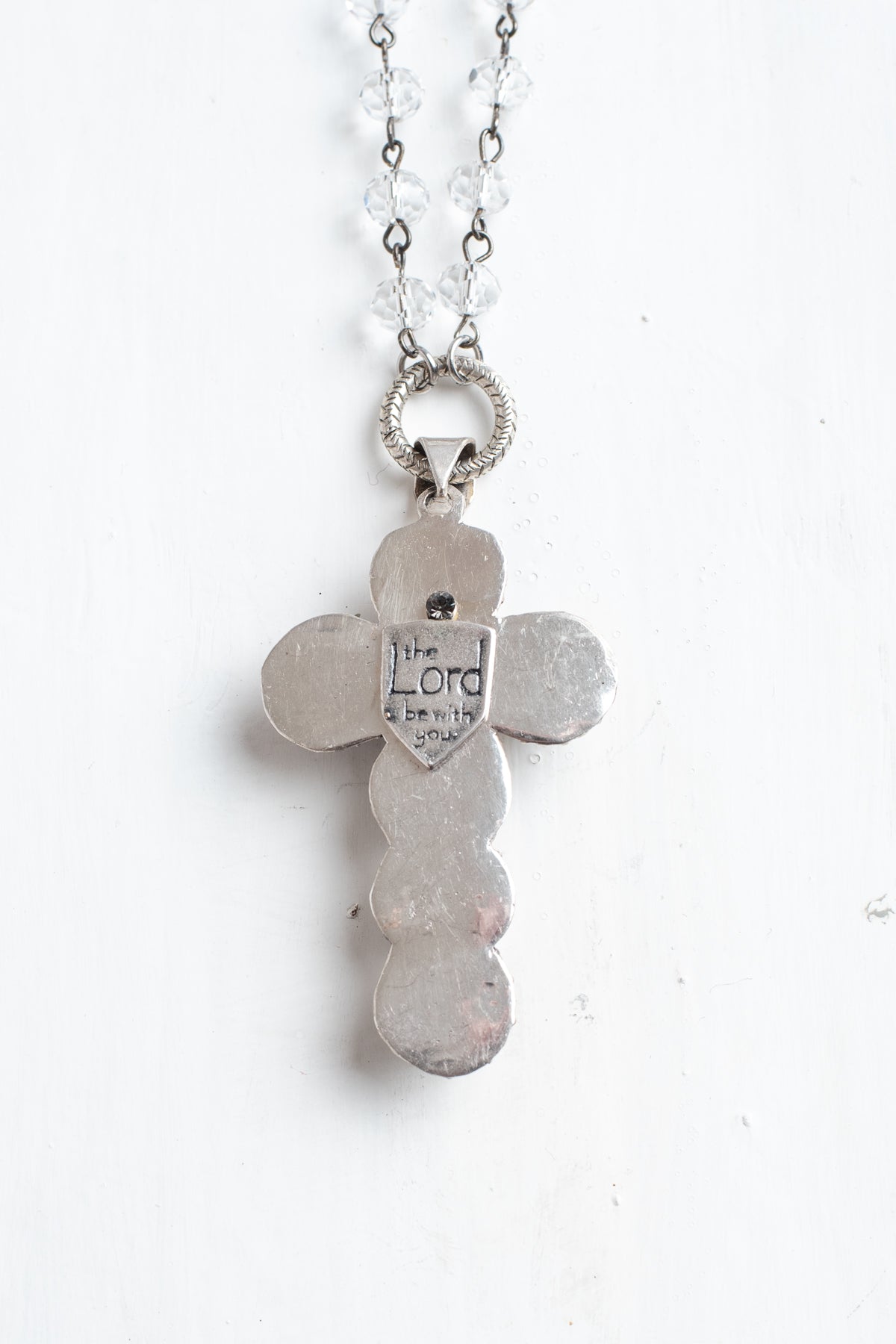 Ornate Pearl Sterling Silver Renaissance Christian Cross Pendant on a Crystal Rosary Chain Necklace