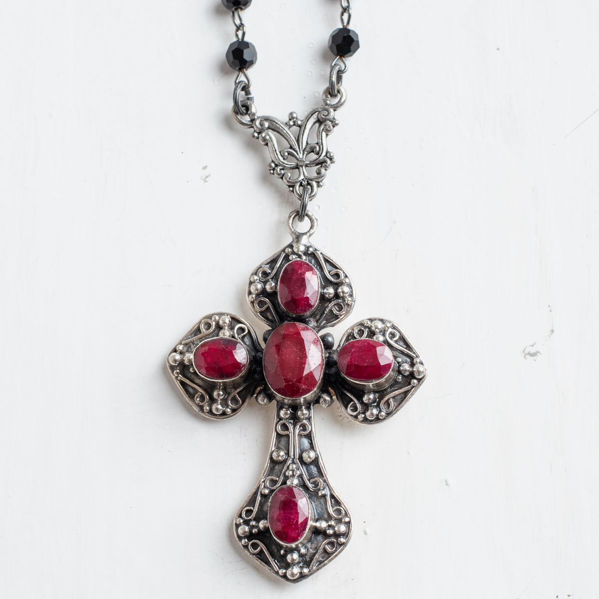 Ornate Ruby Sterling Silver Renaissance Cross on a Black Crystal Rosary Chain Necklace