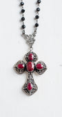 Ornate Ruby Sterling Silver Renaissance Cross Pendant on a Black Crystal Rosary Chain Necklace